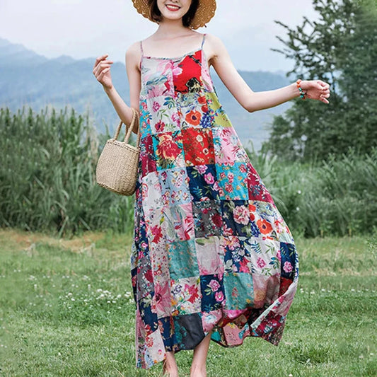 Floral Printed Patchwork Effect  Long Dress