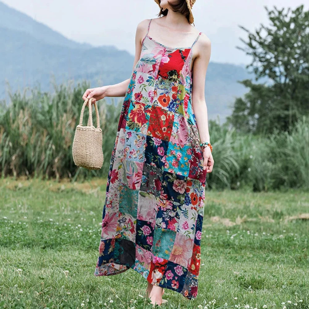 Floral Printed Patchwork Effect  Long Dress