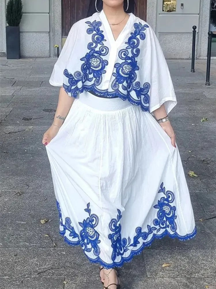 White & Blue Embroidered Shirt Skirt 2 Piece