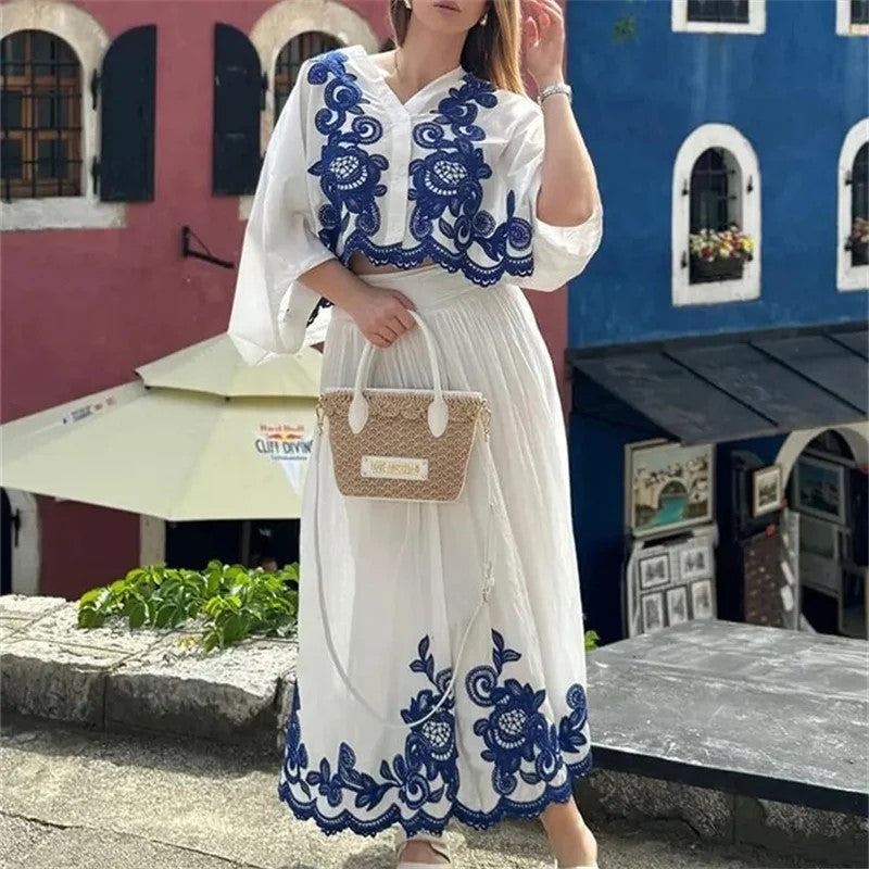 White & Blue Embroidered Shirt Skirt 2 Piece