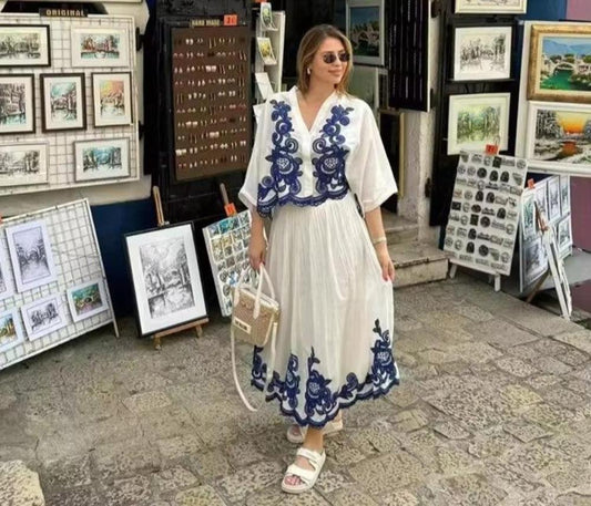 White & Blue Embroidered Shirt Skirt 2 Piece