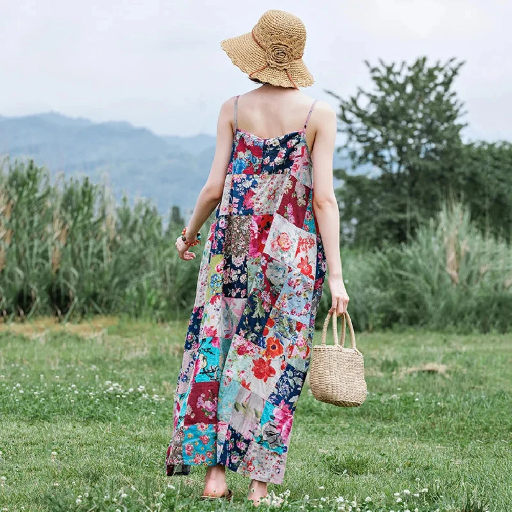 Floral Printed Patchwork Effect  Long Dress