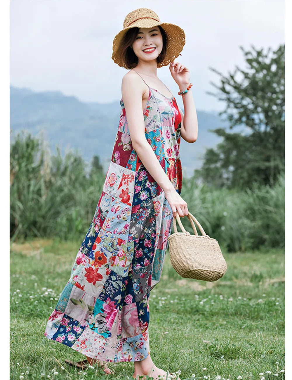 Floral Printed Patchwork Effect  Long Dress