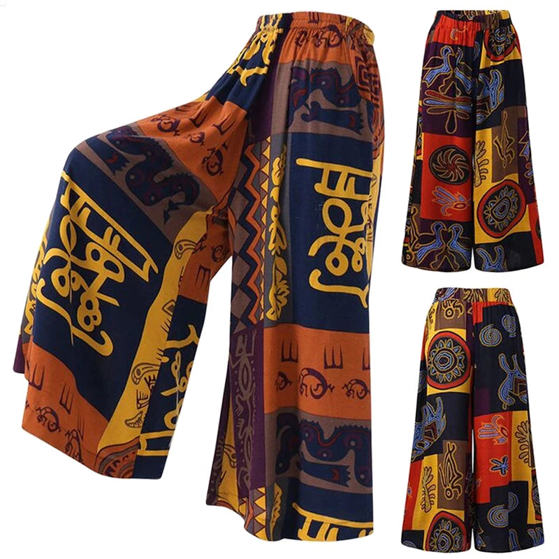 Super Wide Symbolic Prints Plus Size Pants