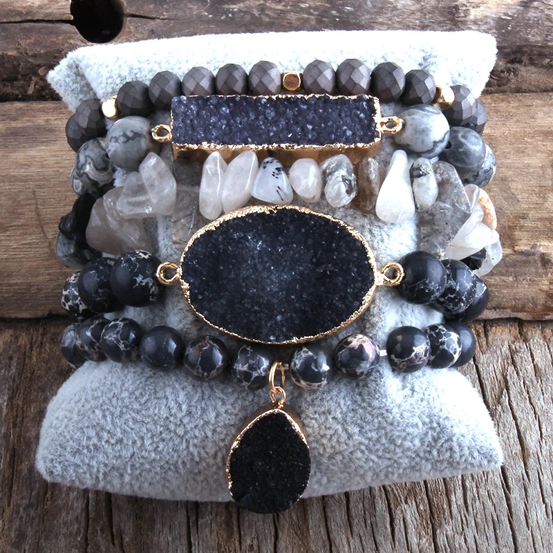 Natural Stone 5 pc Druzy Charms Bracelet