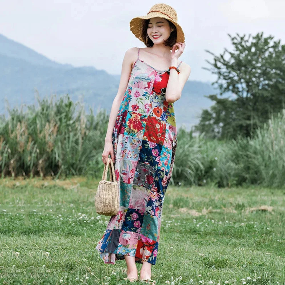 Floral Printed Patchwork Effect  Long Dress