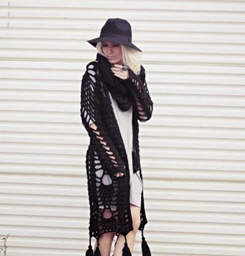 Lacy Tasselled Crochet Long Length Cardigan