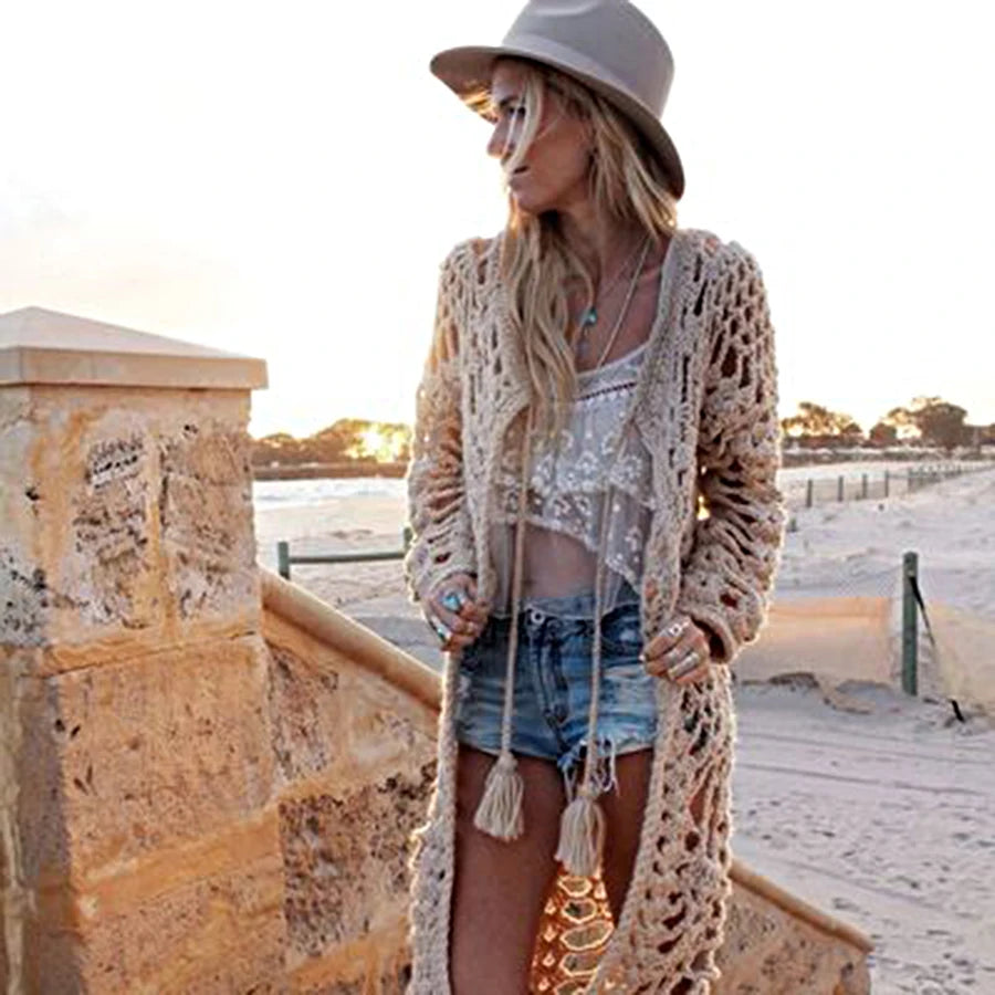 Lacy Tasselled Crochet Long Length Cardigan