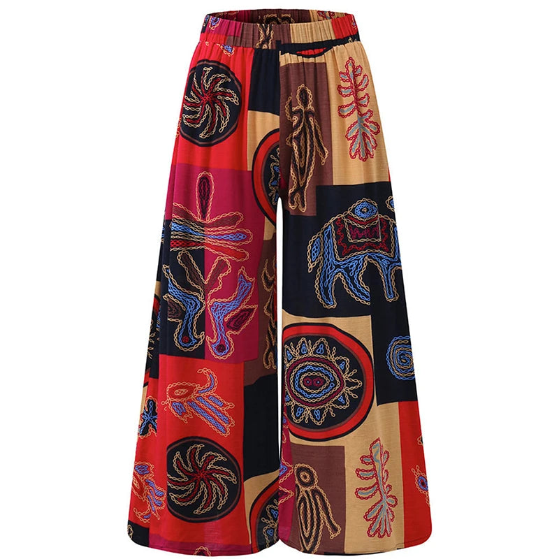 Super Wide Symbolic Prints Plus Size Pants