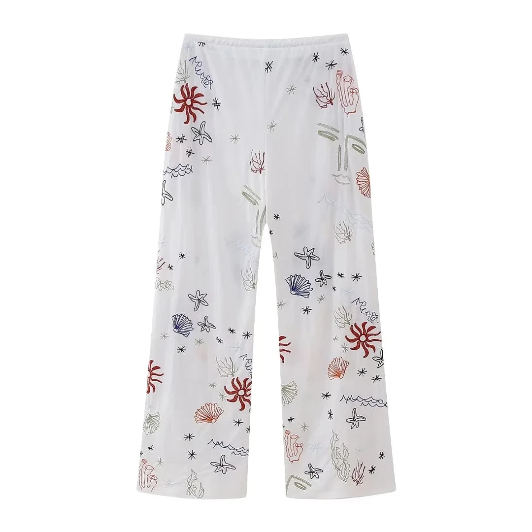 White Marine Themed Embroidered Drawstring Pants