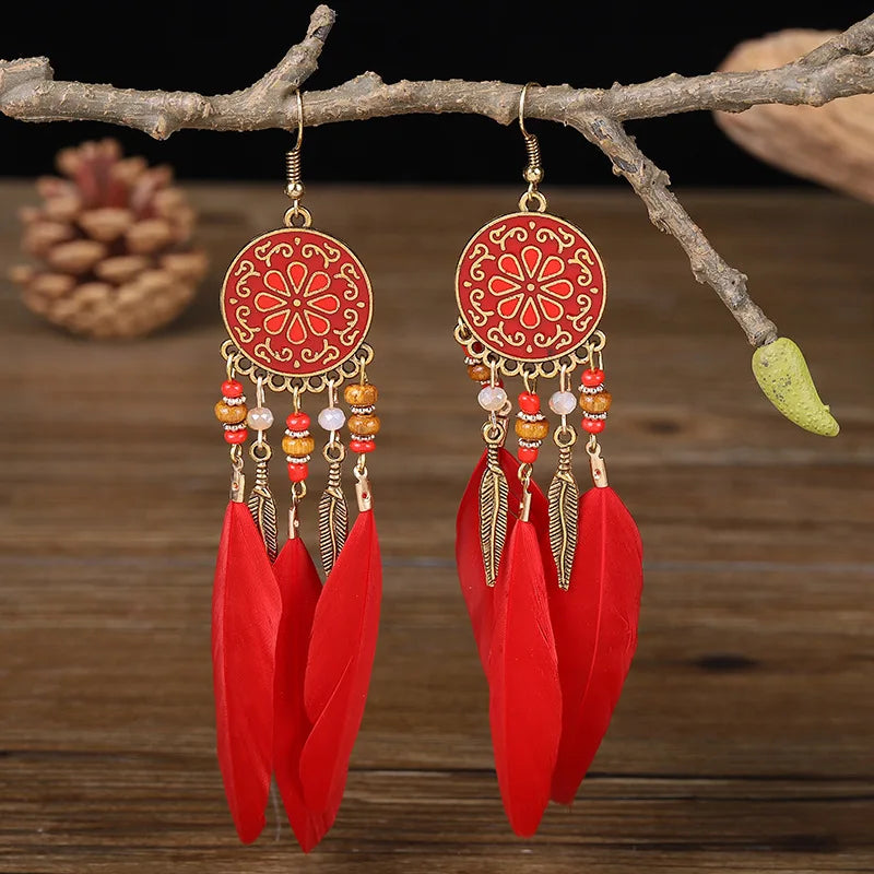 Boho Long Feather Dangle Earrings