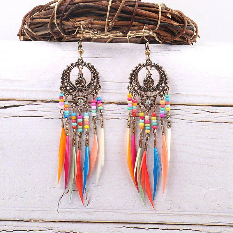 Bohemian Colourful Feather Earrings