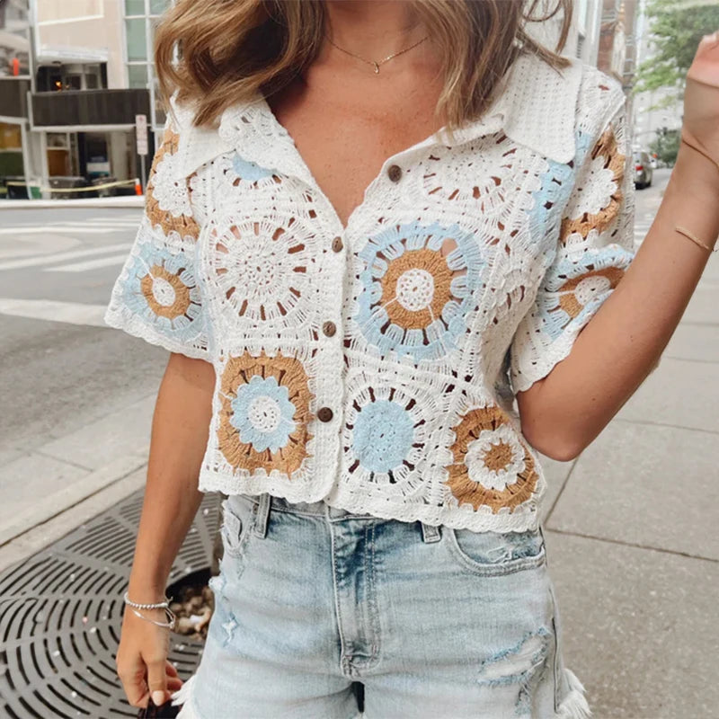 Granny Square Crochet Button-up Top Short