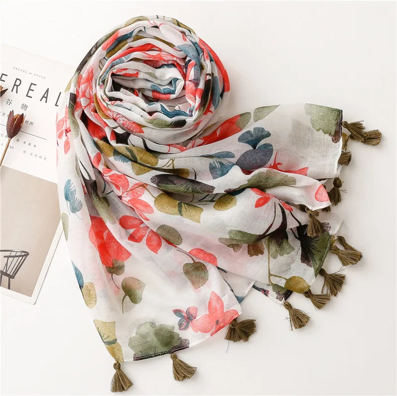 Floral Tassel Viscose Scarf 180x 90cm