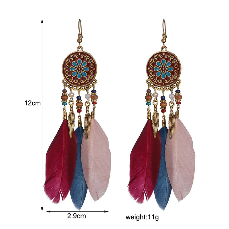 Boho Long Feather Dangle Earrings