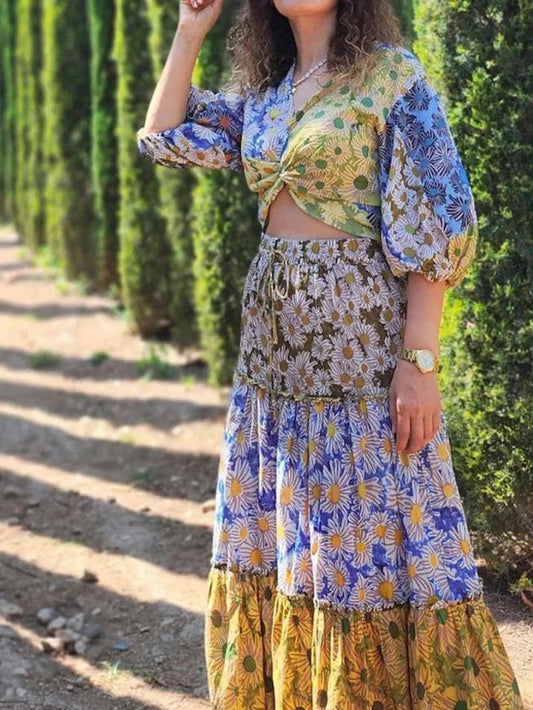 Vintage Style Flowery Panelled Maxi Skirt and Top