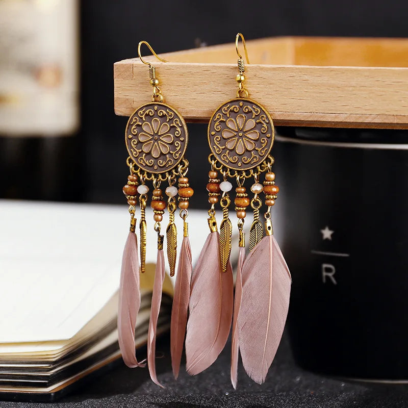 Boho Long Feather Dangle Earrings