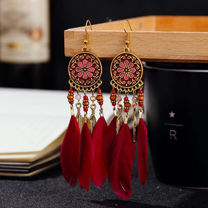 Boho Long Feather Dangle Earrings