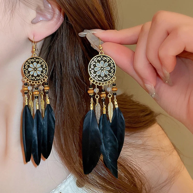 Boho Long Feather Dangle Earrings