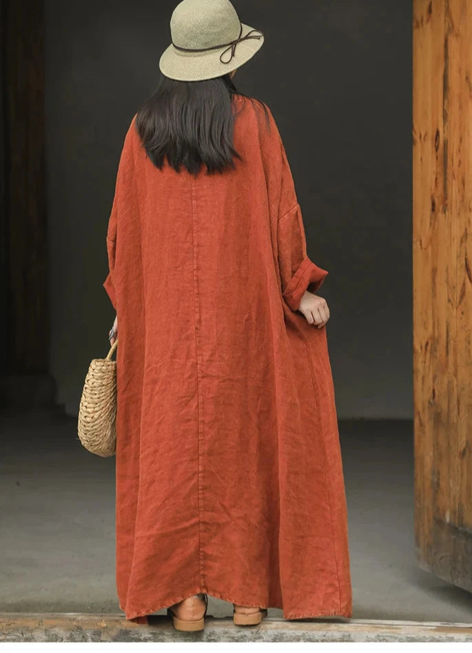 Autumn Colours Linen V-Neck Maxi Dress