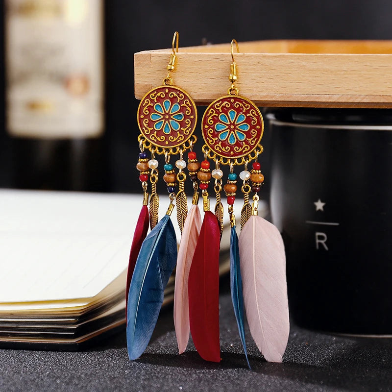 Boho Long Feather Dangle Earrings