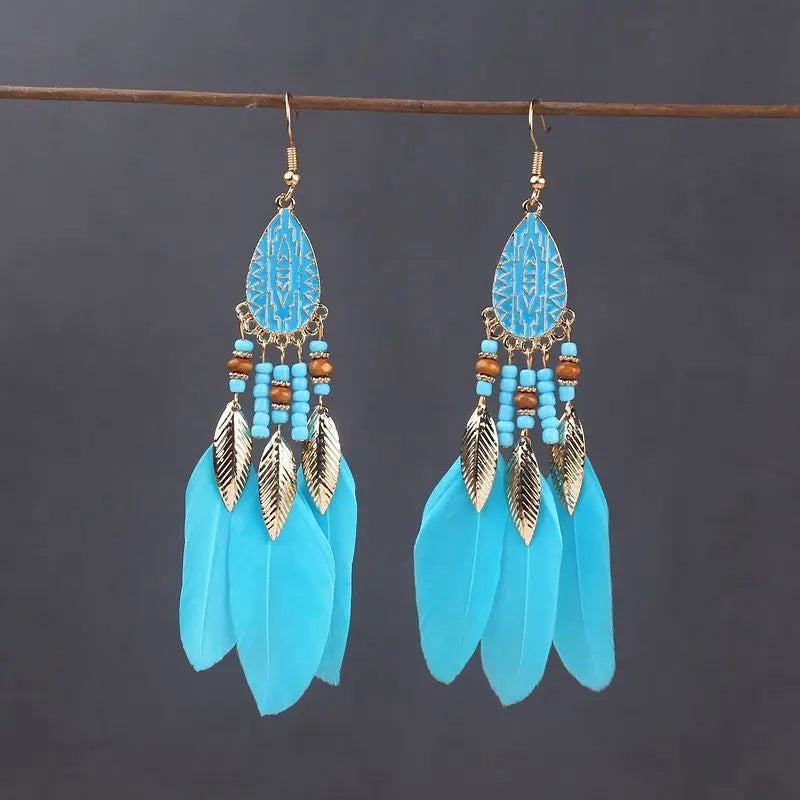 Boho Long Feather Dangle Earrings