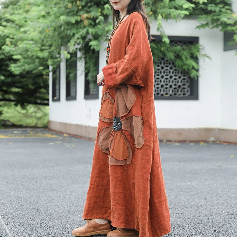 Autumn Colours Linen V-Neck Maxi Dress