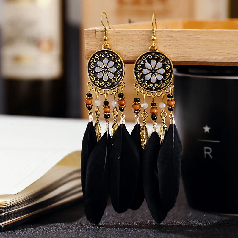 Boho Long Feather Dangle Earrings