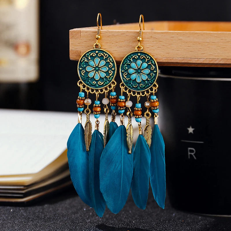 Boho Long Feather Dangle Earrings