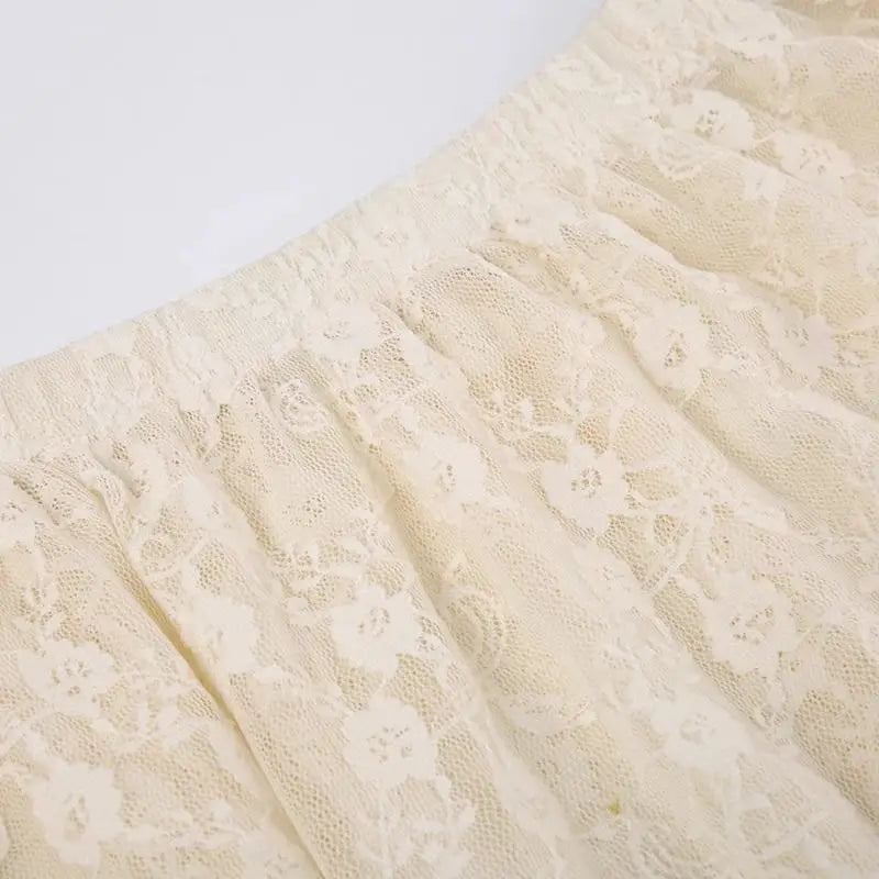 Asymmetrical Lace Trim Cream Midi Skirt