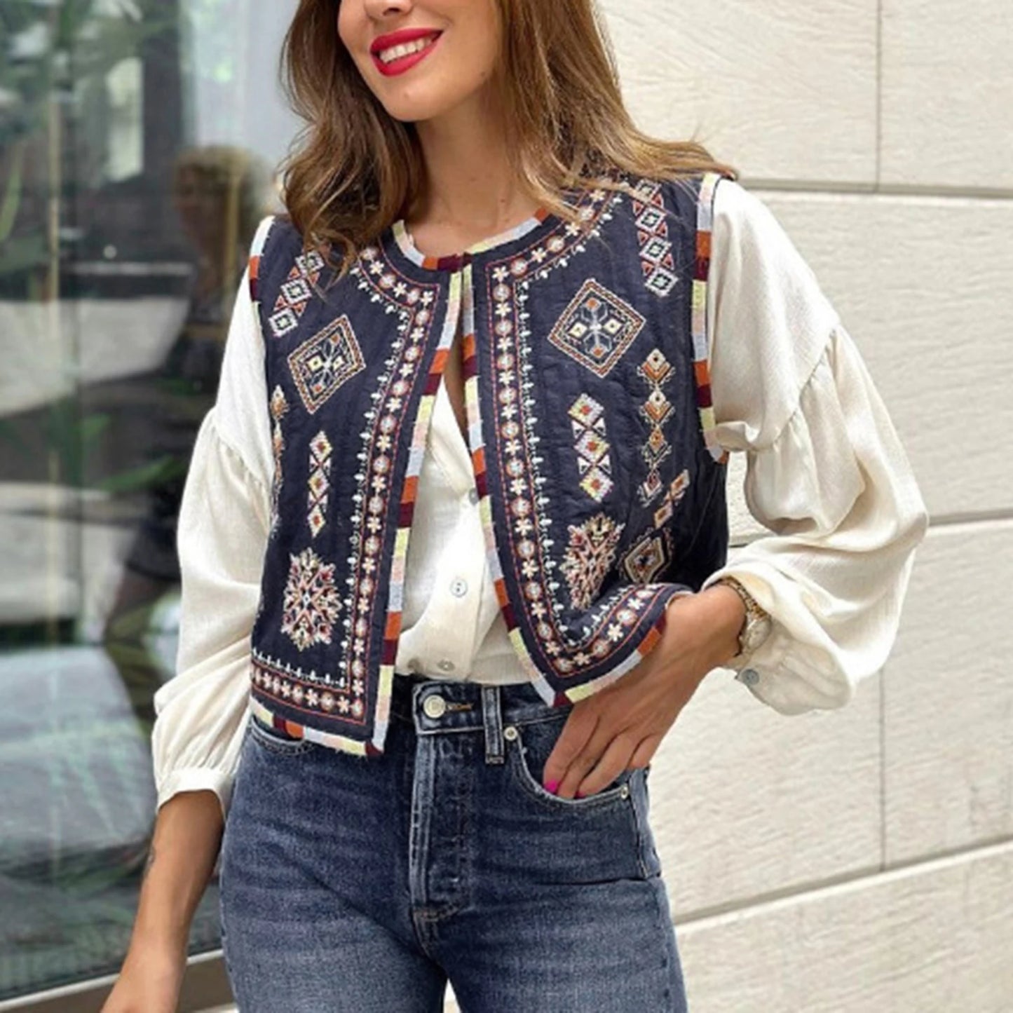 Classic Boho Embroidered Short Waistcoat