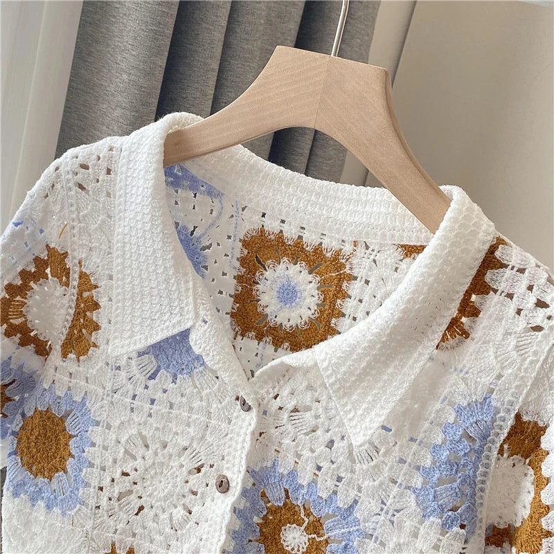 Granny Square Crochet Button-up Top Short