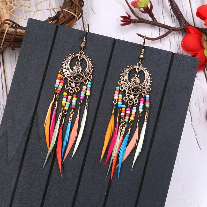 Bohemian Colourful Feather Earrings