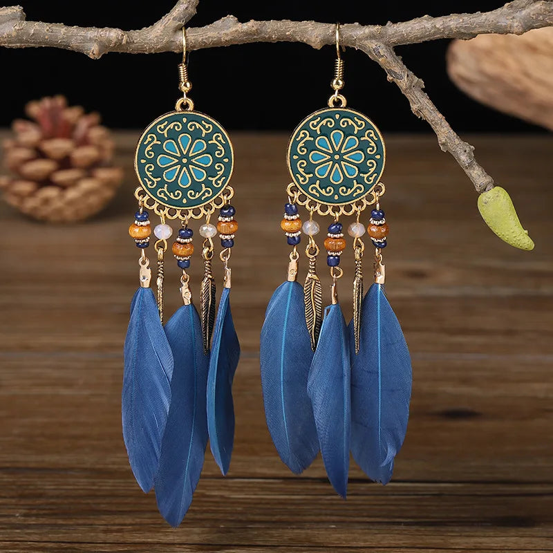 Boho Long Feather Dangle Earrings