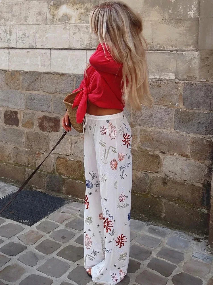 White Marine Themed Embroidered Drawstring Pants