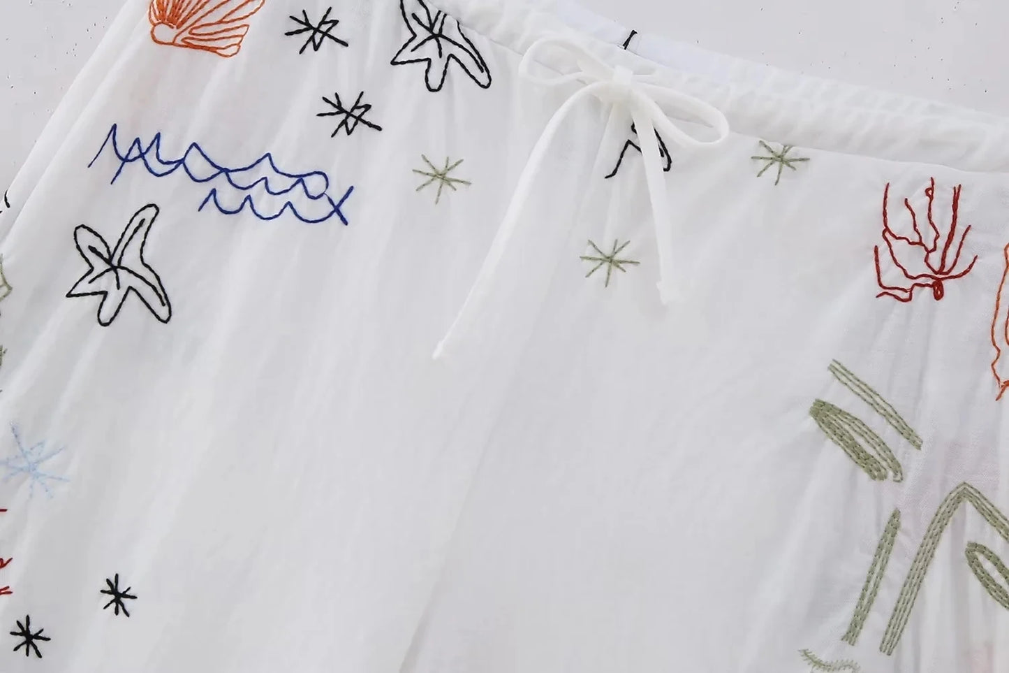 White Marine Themed Embroidered Drawstring Pants