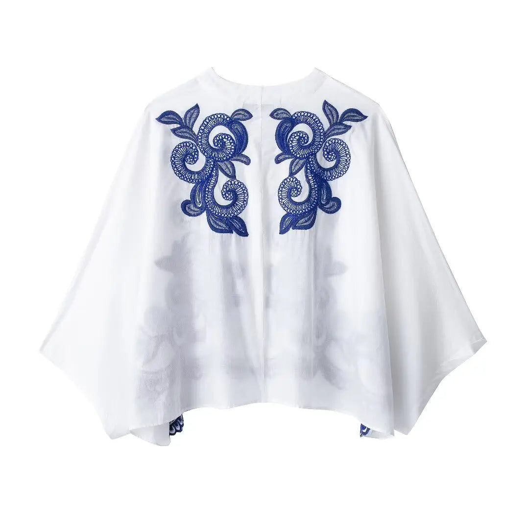 White & Blue Embroidered Shirt Skirt 2 Piece