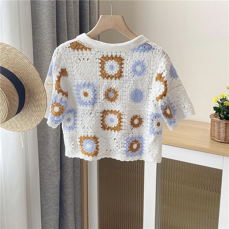 Granny Square Crochet Button-up Top Short