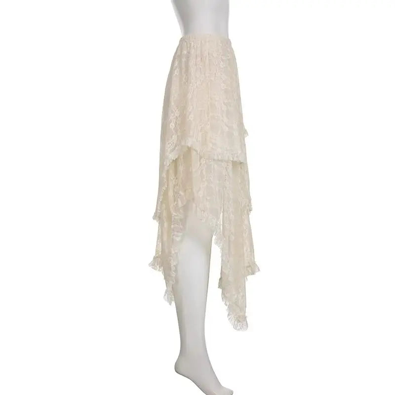 Asymmetrical Lace Trim Cream Midi Skirt